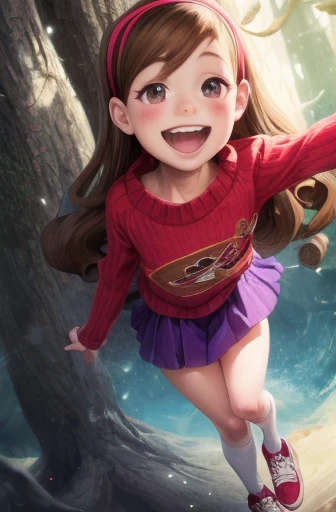 Mabel Pines, day, masterpiece, best quality, Mabel, 1girl, centered, 9yo, flat chest, beautiful detailed eyes, beautiful detailed lips, whimsical, detailed landscape, Gravity Falls mystical signs, depth of field, light particles, light rays, sidelighting, thighs, fate \(series\), solo, long hair, red sweater, long sleeves, brown hair, black eyes, pink hairband, star \(symbol\), purple skirt, smile, open mouth, sweet, shoes, blush stickers, round teeth, buck teeth, tree, blue sky, wide hips, outdoors, Gravity Falls style, stars, glitter, fashion photography, award winning photograph, sharp focus, vibrant colors, realistic lighting, detailed shadows 
