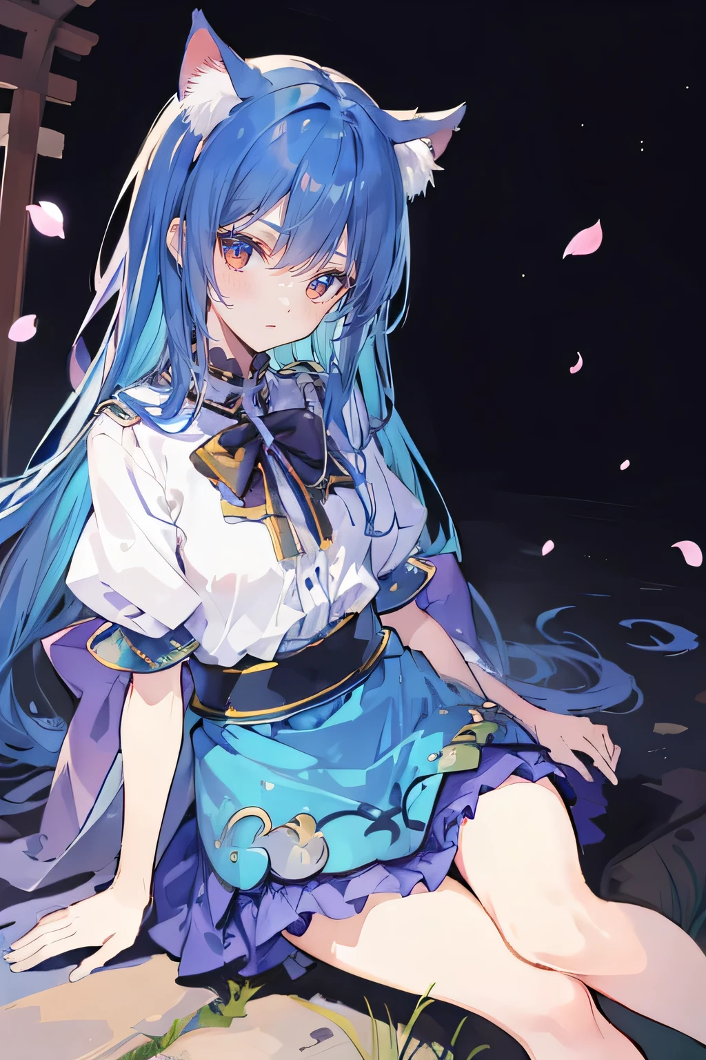 (masterpiece:1.2),ultra-detailed,realistic,expressive eyes,fair-skinned,perfectly shaped face,1girl,
Japanese cartoons,Gorgeous blue hair, flowing blue hair,floating clothes,cat ears,petals falling,beautiful Lola,Hina Angel,
hands on waist,gracefully sitting on the ground,legs crossed,gentle and serene background,cool and comfortable pavilion,night ,