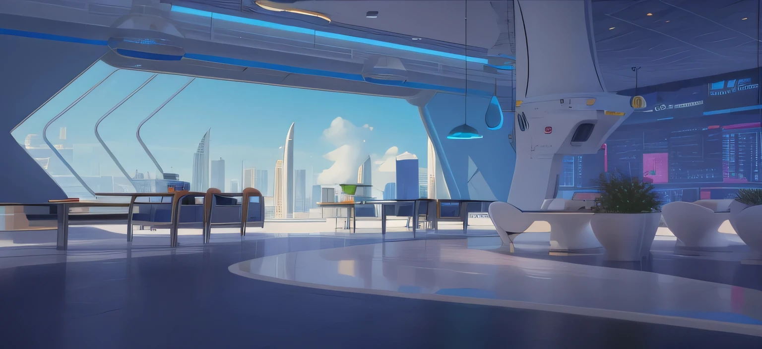 Futuristic Cafe Interior Design, Light from the window, Dubai, 3dx max rendering, Surreal, 8k, Ultra Detailed