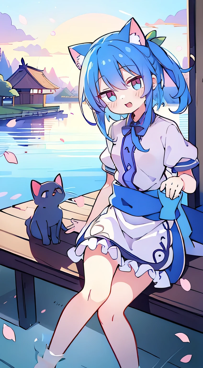 (masterpiece:1.2),ultra-detailed,realistic,expressive eyes,fair-skinned,perfectly shaped face,1girl,
Japanese cartoons,Gorgeous blue hair, flowing blue hair,floating clothes,cat ears,petals falling,beautiful Lola,Hina Angel,
hands on waist,gracefully sitting on the ground,legs crossed,gentle and serene background,cool and comfortable pavilion,smile.