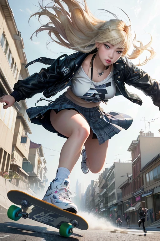 blond woman in a skirt and jacket riding a skateboard down a street, ross tran 8 k, ross tran style, she is wearing streetwear, a hyperrealistic , gwen stacy, hyperrealistic , imogen poots, floating over a city sidewalk, roseanne park of blackpink, super realistic photo, hyper realistic photo, akihiko yoshida. unreal engine