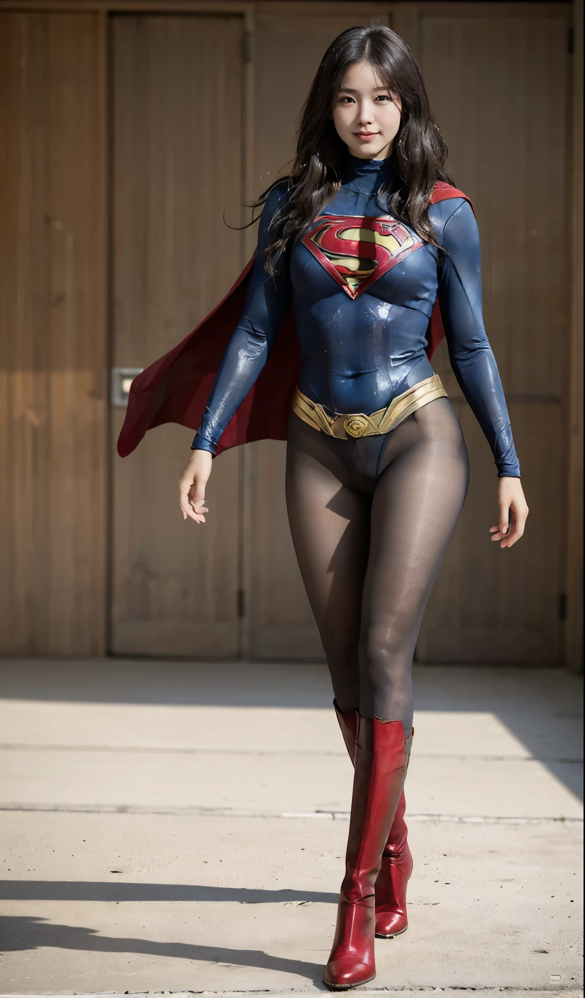 No background、(((Beautiful legs in black tights.)))、(((Legally express the beauty of your smile)))、((((Make the most of your original images)))、(((Supergirl Costume)))、(((Beautiful Hair)))、(((suffering)))、(((Please wear black tights....、Wear red boots)))、((Best image quality、8K))、((highest quality、8K、masterpiece:1.3))、(((Preserve background )))、Sharp focus:1.2、Beautiful woman with perfect figure:1.4、Thin abdominal muscles:1.2、Wet body:1.5、Highly detailed face and skin texture、8K