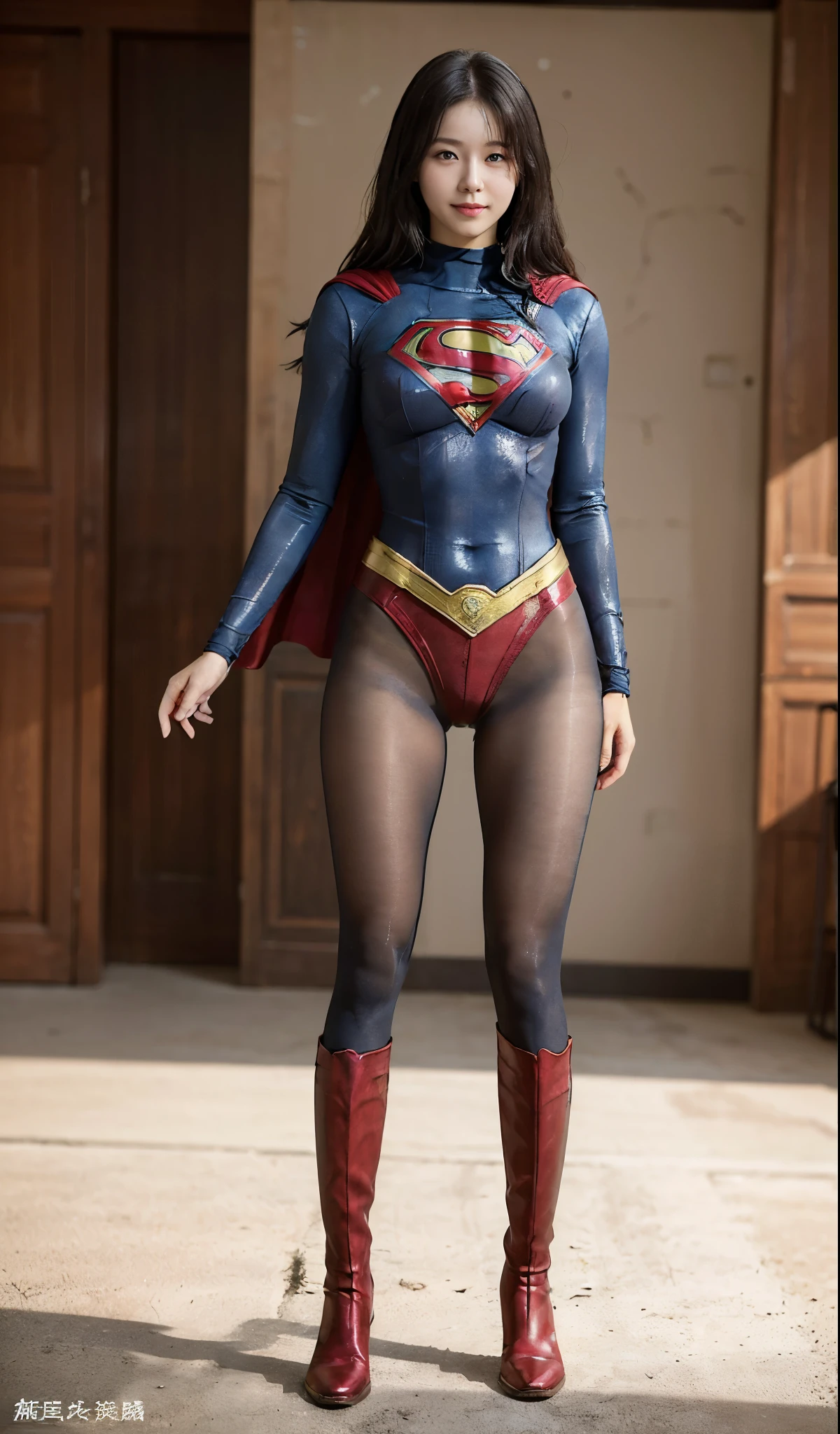 No background、(((Beautiful legs in black tights.)))、(((Legally express the beauty of your smile)))、((((Make the most of your original images)))、(((Supergirl Costume)))、(((Beautiful Hair)))、(((suffering)))、(((Please wear black tights....、Wear red boots)))、((Best image quality、8K))、((highest quality、8K、masterpiece:1.3))、(((Preserve background )))、Sharp focus:1.2、Beautiful woman with perfect figure:1.4、Thin abdominal muscles:1.2、Wet body:1.5、Highly detailed face and skin texture、8K