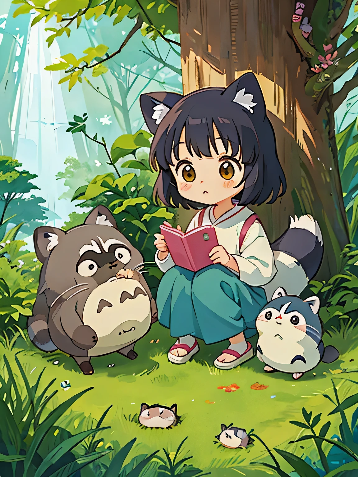 hayao miyazaki style, Kawaii Design, The most beautiful girl of all time、Chibi, Totoro、stadying together、Lots of cute raccoons、Playing with raccoon dogs、Totoro Forest