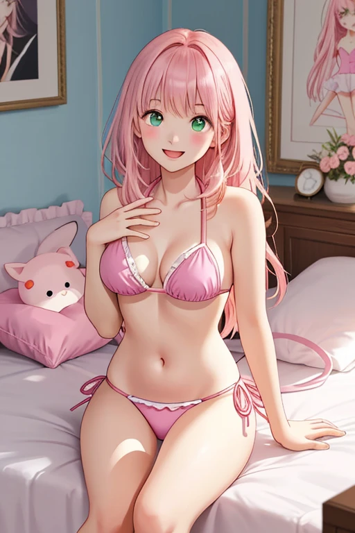 Beautiful illustration、top-quality、Detailed face、Detailed eyes、Perfect Fingers、5Finger、Perfect hands、Perfect Legs、25-year-old woman、Cute 、Bedroom、A pink-haired、Straight Hair、length hair、(((Pink Bikini)))、Glowing Skin、bare-legged、Glowing green eyes、Big round eyeedium chest、on the beds、glowing thigh、Pink Lips、Open your mouth、smiling、Young face