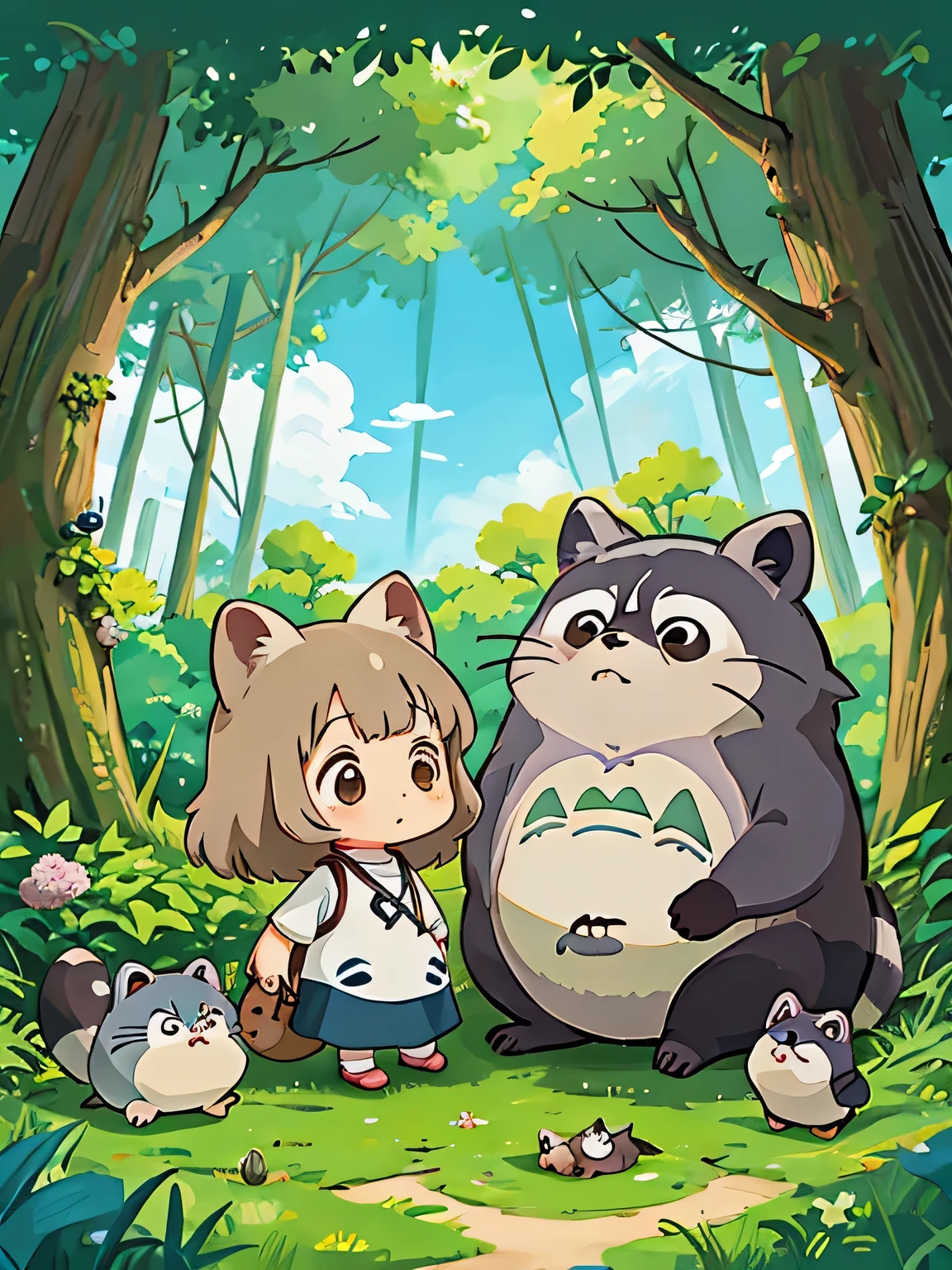 hayao miyazaki style, Kawaii Design, The most beautiful girl of all time、Chibi, Totoro、stadying together、Lots of cute raccoons、Playing with raccoon dogs、Totoro Forest