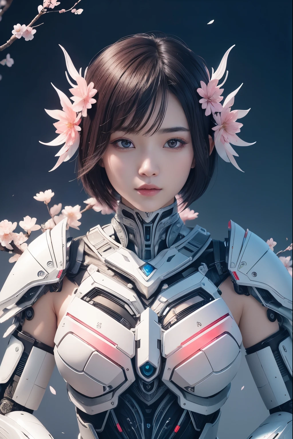beautiful japanese young woman, wearing cyborg armor, thick symmetrical features, very short hair, background is cherry blossoms, pink aura, red lips, octane render,