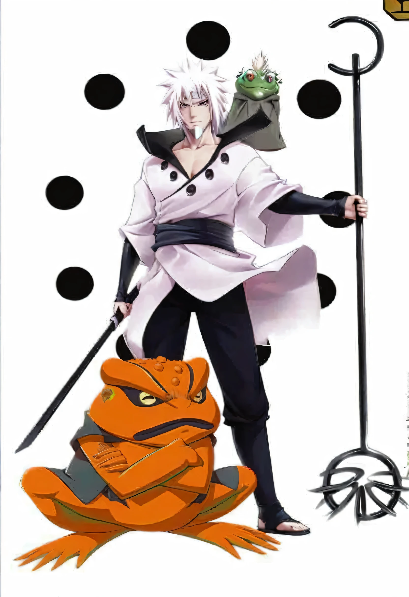 cartoon character with a stick and a frog, joker as naruto, joker looks like naruto, white fox anime, from naruto, akiyuki shinbou, bleach manga style, inspired by Kamisaka Sekka, sasoura, fox nobushi holding a naginata, ichigo kurosaki, inspired by Urakusai Nagahide