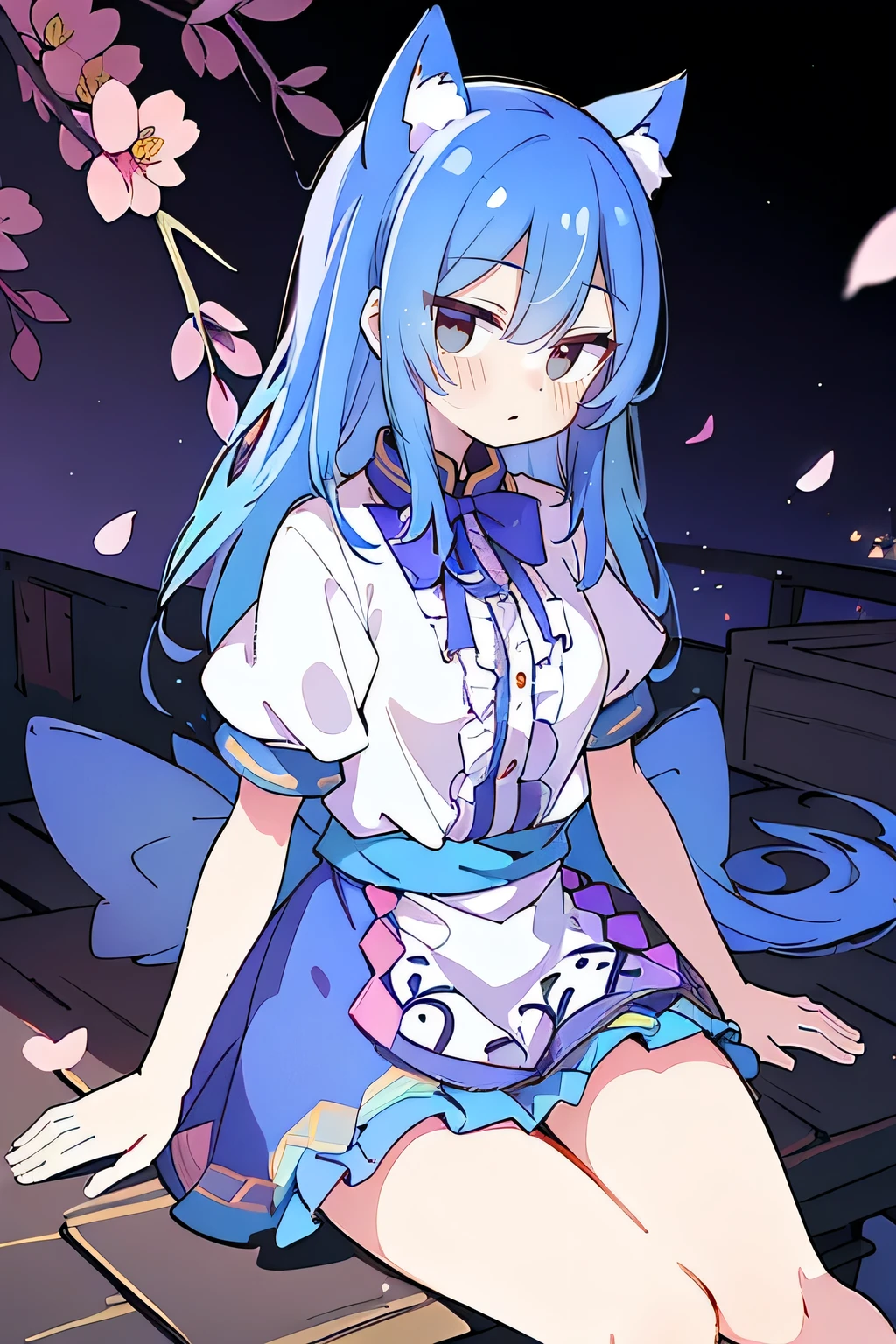 (masterpiece:1.2),ultra-detailed,realistic,expressive eyes,fair-skinned,perfectly shaped face,1girl,
Japanese cartoons,Gorgeous blue hair, flowing blue hair,floating clothes,cat ears,petals falling,beautiful Lola,Hina Angel,
hands on waist,gracefully sitting on the ground,legs crossed,gentle and serene background,cool and comfortable pavilion,night ,