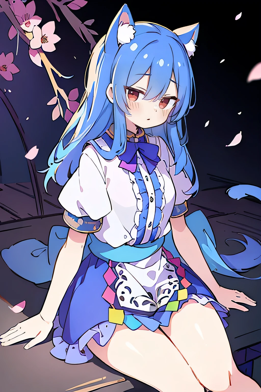 (masterpiece:1.2),ultra-detailed,realistic,expressive eyes,fair-skinned,perfectly shaped face,1girl,
Japanese cartoons,Gorgeous blue hair, flowing blue hair,floating clothes,cat ears,petals falling,beautiful Lola,Hina Angel,
hands on waist,gracefully sitting on the ground,legs crossed,gentle and serene background,cool and comfortable pavilion,night ,