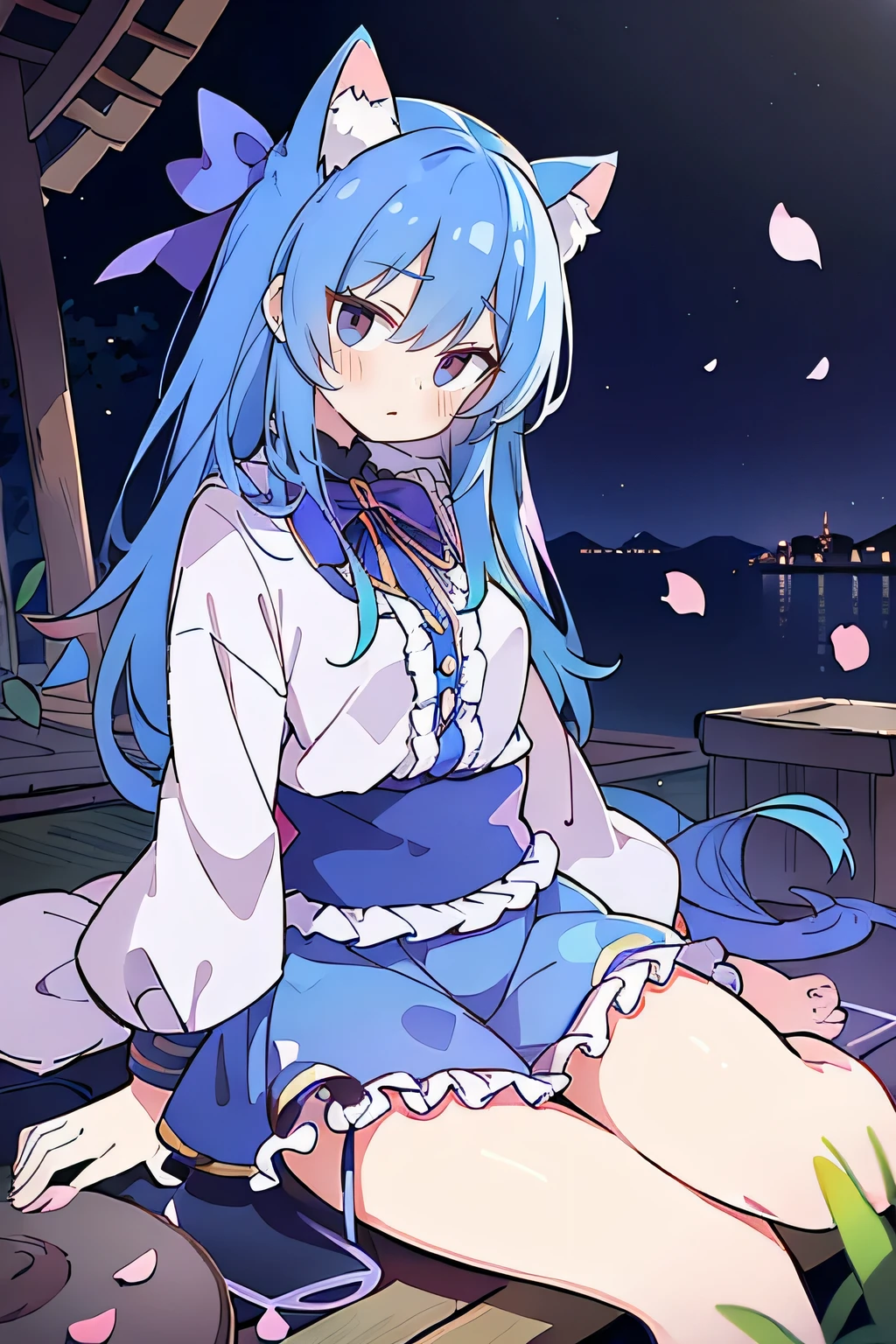 (masterpiece:1.2),ultra-detailed,realistic,expressive eyes,fair-skinned,perfectly shaped face,1girl,
Japanese cartoons,Gorgeous blue hair, flowing blue hair,floating clothes,cat ears,petals falling,beautiful Lola,Hina Angel,
hands on waist,gracefully sitting on the ground,legs crossed,gentle and serene background,cool and comfortable pavilion,night ,