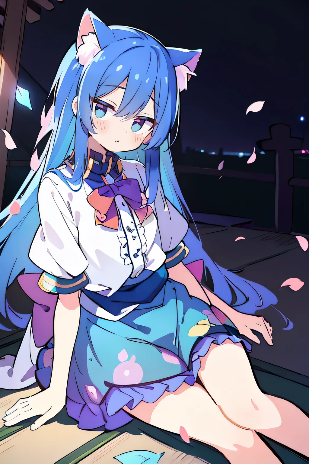 (masterpiece:1.2),ultra-detailed,realistic,expressive eyes,fair-skinned,perfectly shaped face,1girl,
Japanese cartoons,Gorgeous blue hair, flowing blue hair,floating clothes,cat ears,petals falling,beautiful Lola,Hina Angel,
hands on waist,gracefully sitting on the ground,legs crossed,gentle and serene background,cool and comfortable pavilion,night ,