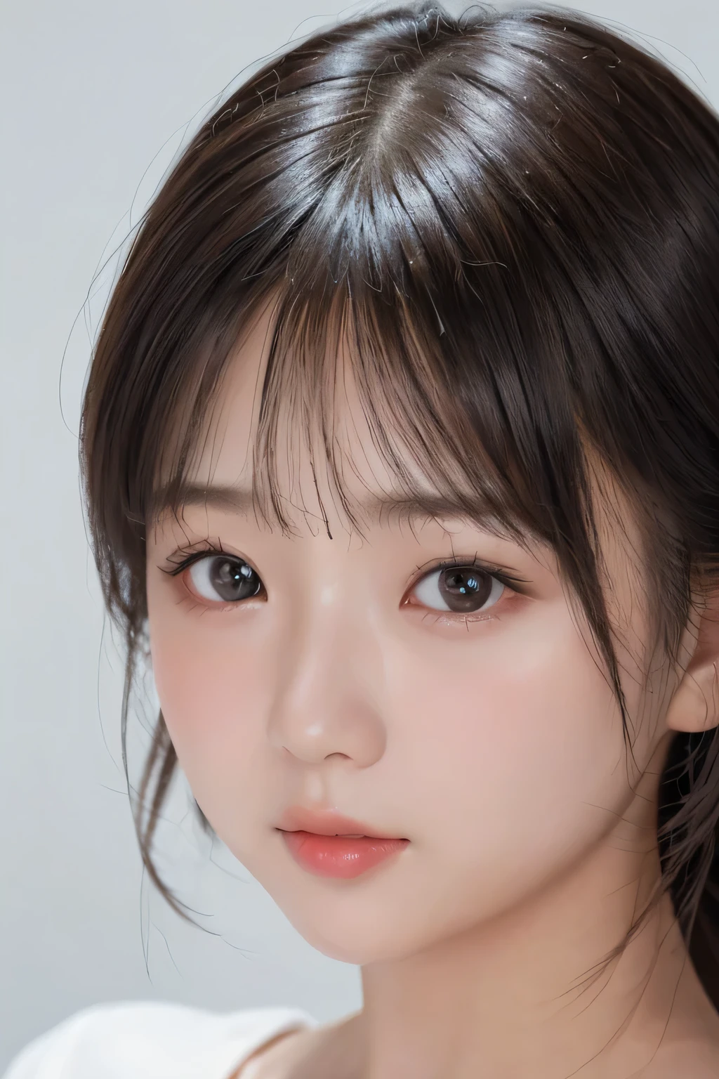 (8K、masterpiece、highest quality)、(Ultra detailed) 、１People cute girl、()、、(Face shot close up)、、Plump face、Jet black background、、bitten lip