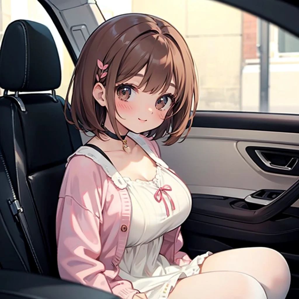 Beautiful slightly large breasts, Brown Hair, Brown eyes, Wave Shorthair, bangs, blush,  bright, smile, White ruffle dress,  Baby Face, first round, choker, Lock, ************, Enchanted, Droopy eyes, cute hair accessories,  White tights, Thick thighs, Pink Cardigan,  luxury car, lie down, White interior, Inside the car, Right-hand drive,