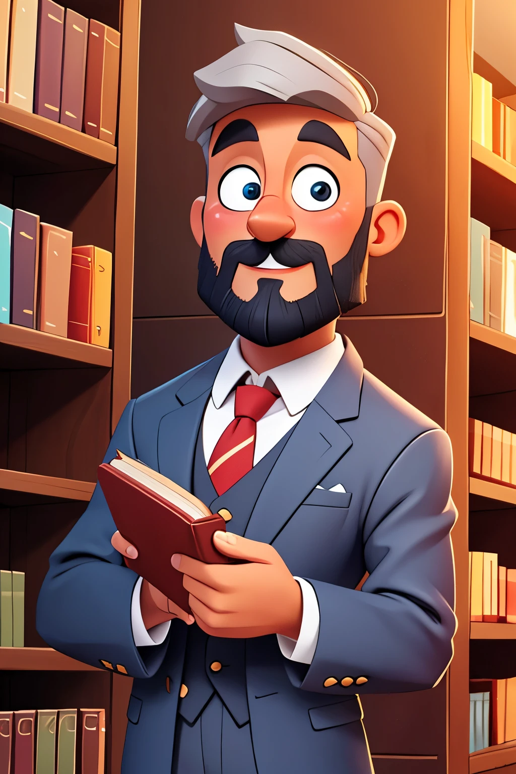 wise chad,olive oil painting,gentle,bearded face,detailed eyes,detailed lips,wisdom,confidence,handsome,gray hair,wearing a suit and tie,standing in a library,books and shelves in the background,(best quality,4k,8k,highres,masterpiece:1.2),ultra-detailed,realistic:1.37,professional,vivid colors,clean lighting