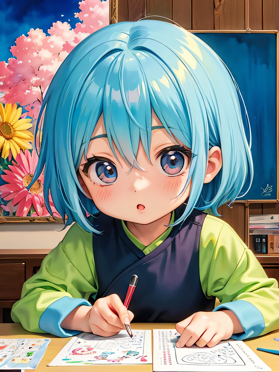 akira toriyama style、8k quality、Intense watercolor、Detailed watercolor painting、Watercolor splash、Surreal、Avant-garde pop art、Beautiful and expressive paintings、Beautiful artwork illustration、Very colorful tones、wonderful、 Cool Beauty、highest quality、Official Art、Vector art、Stylish design、((The most beautiful girl of all time)),(((Chibi))) 、(((Study together)))(((highest quality))), HDR, (((detailed))), (((Doodle Art)), (((masterpiece))), (((Super detailed))),