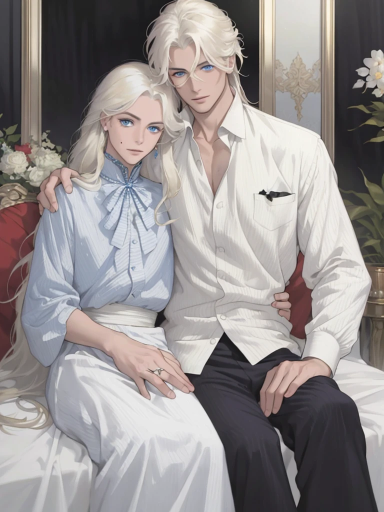 A magical lake. A tall, handsome, statuesque, courageous young man with long platinum hair, blue eyes, tanned skin is sitting on the shore of a lake, he is dressed in an antique white shirt and dark trousers, next to him sits an incredibly beautiful young golden-haired femme fatale with blue eyes, long golden hair, long bangs, dressed in an antique dress. They're in love. Masterpiece, perfect image, realistic pictures, detailed face study, full-length image, 8k, detailed image. extremely detailed illustration, a real masterpiece of the highest quality, with careful drawing.