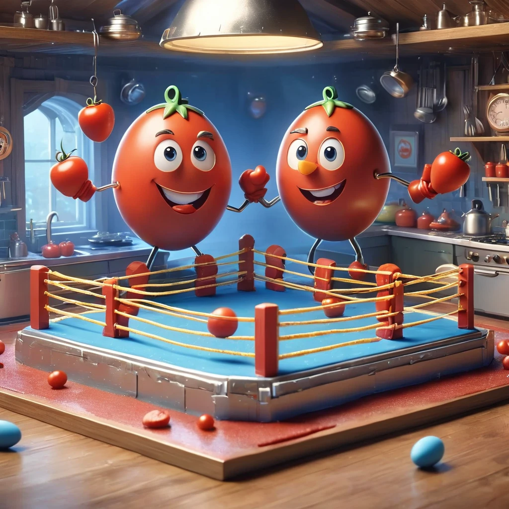 A whimsical kitchen-style boxing ring，1 eggBREAK 1 tomato boxing match，Cartoon，illustration，cute，Kitchen-style boxing ring in the background，Eggs wearing miniature gloves and determined smiles，Tomato wearing boxing gloves，场景充满活力且Cartoon化，The scene is lively and lively，Capturing a unique friendship scene，anatomically correct, masterpiece, ccurate, high details, award winning, best quality, 8k