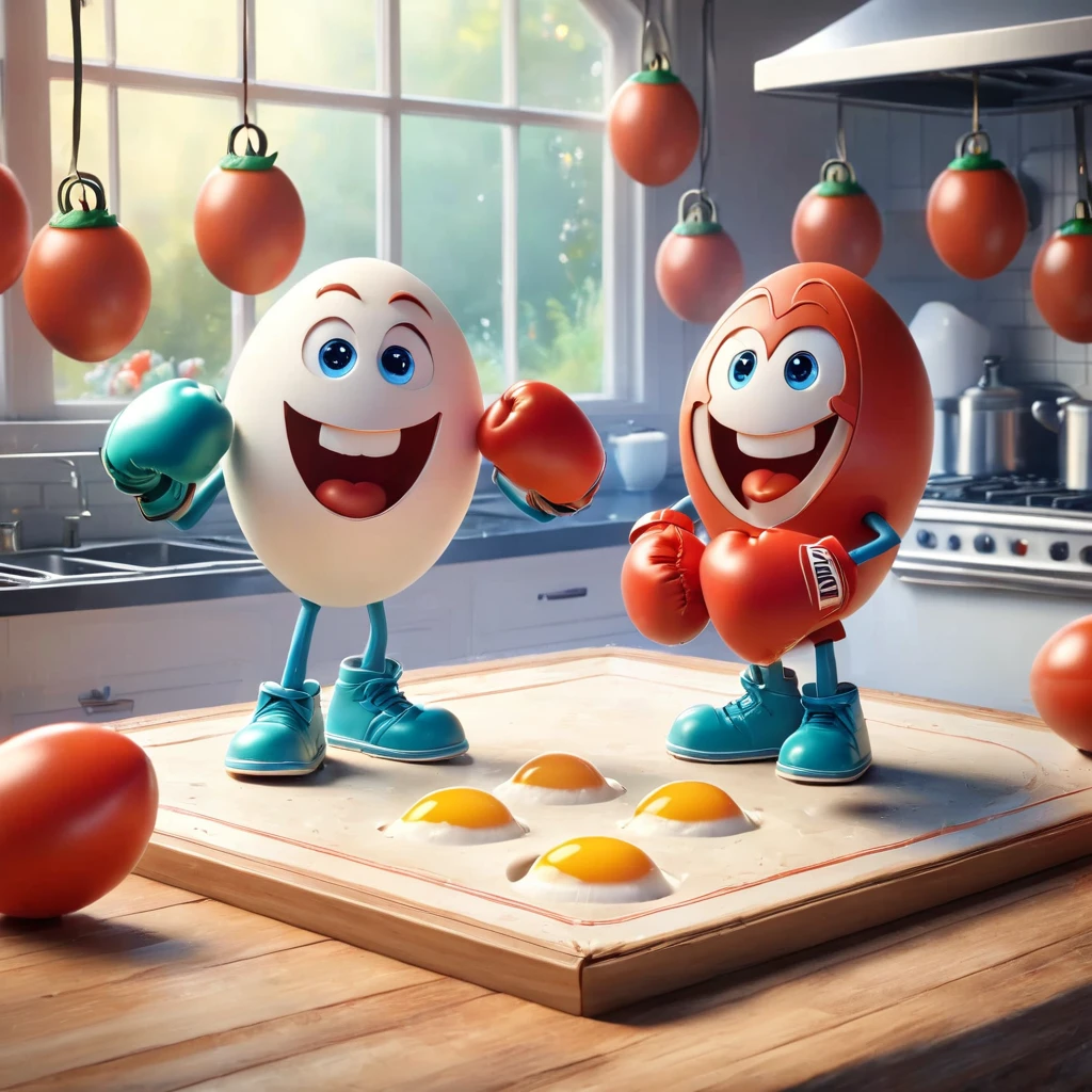 A whimsical kitchen-style boxing ring，1 eggBREAK 1 tomato boxing match，Cartoon，illustration，cute，Kitchen-style boxing ring in the background，Eggs wearing miniature gloves and determined smiles，Tomato wearing boxing gloves，场景充满活力且Cartoon化，The scene is lively and lively，Capturing a unique friendship scene，anatomically correct, masterpiece, ccurate, high details, award winning, best quality, 8k