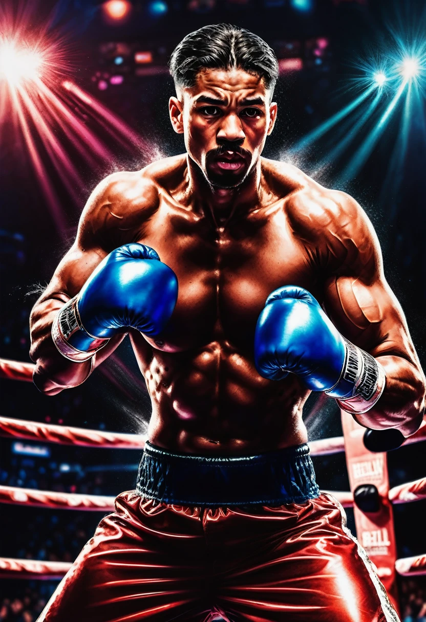 Boxing Match, aesthetic, A fierce boxing match, (best quality,4k,8k,highres,masterpiece:1.2),ultra-detailed,(realistic,photorealistic,photo-realistic:1.37) [intense], [sweat], [dust], [powerful punches], [dynamic movements], [focused expressions], [adrenaline rush], [boxing gloves], [boxing ring], [bright spotlight], [roaring crowd], [muscle definition], [boxing shorts], [grit and determination], [fast footwork], [knockout punch], [tense atmosphere], [boxing referee], [worn-out boxing gloves], [blood, sweat, and tears], [winning moment celebration], [boxing championship belt], [impactful blows], [gripping competition], [ring announcer], [cornermen], [boxing trainer], [bell rings], [boxing strategy], [boxing stance], [boxing uppercut], [boxing jab], [boxing hook], [boxing defense], [boxing offense]
