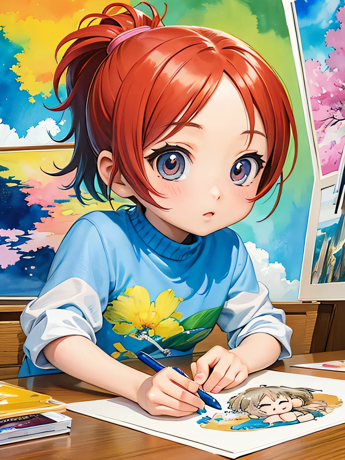 akira toriyama style、8k quality、Intense watercolor、Detailed watercolor painting、Watercolor splash、Surreal、Avant-garde pop art、Beautiful and expressive paintings、Beautiful artwork illustration、Very colorful tones、wonderful、 Cool Beauty、highest quality、Official Art、Vector art、Stylish design、((The most beautiful girl of all time)),(((Chibi))) 、(((Study together)))(((highest quality))), HDR, (((detailed))), (((Doodle Art)), (((masterpiece))), (((Super detailed))), 
