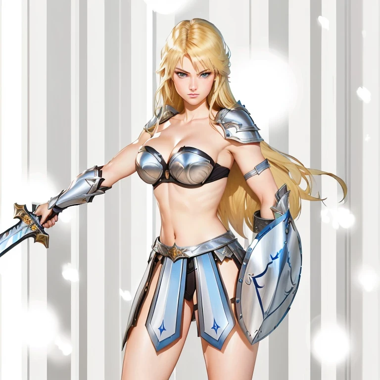 Cartoon drawing of a woman in armor holding a sword,  blonde warrior, Natalie in an epic battle fantasy, Girl in Armor,  armor female knight, Muscular，Blue Eyes，She has a sword, Woman warrior, Zodiac Knight Girl, Valkyrie-style characters, cel - shaded art style, north adult Woman warrior, Inspired by Le Chevalier, Female Paladin