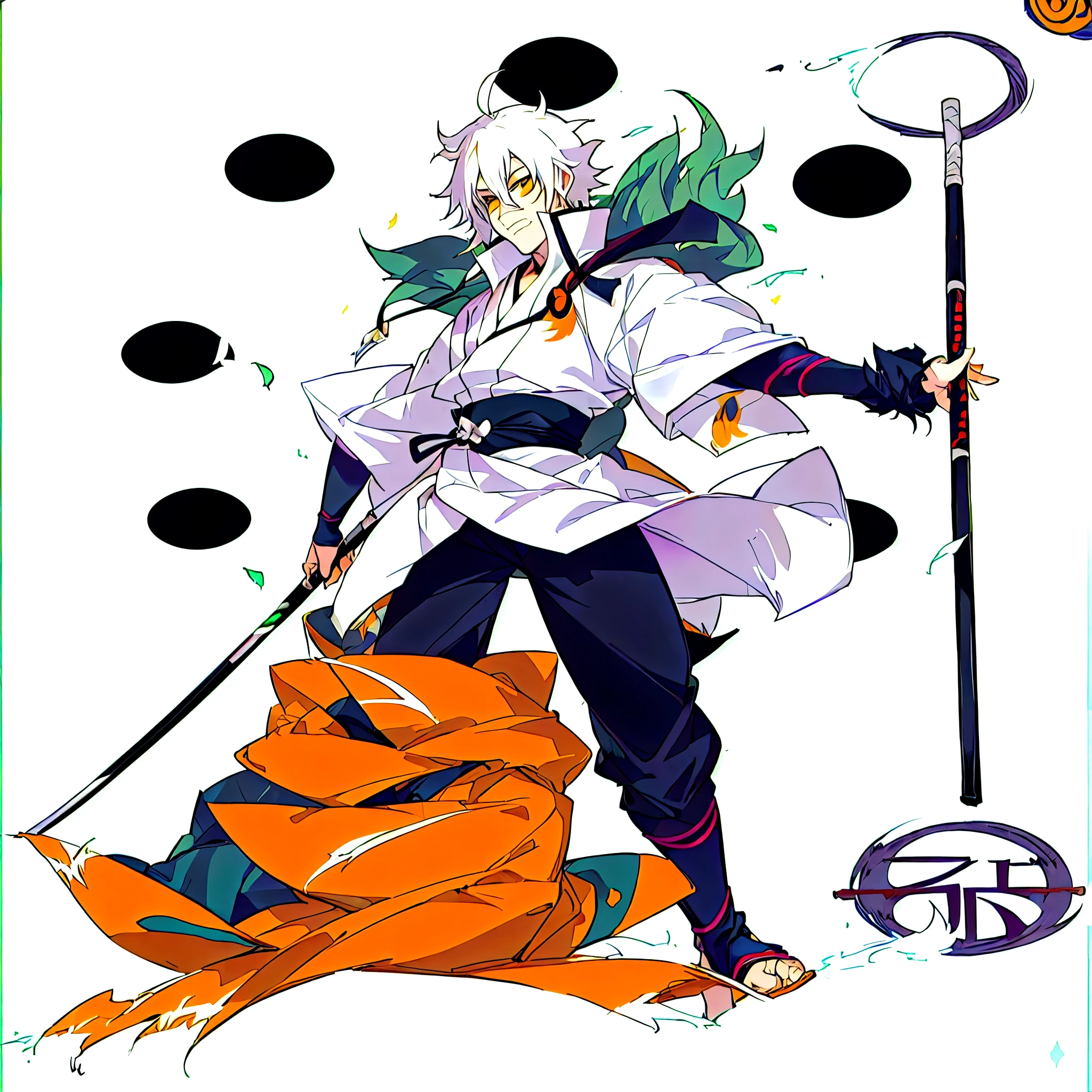 a close up of a cartoon character with a stick and a frog, joker as naruto, from naruto, joker looks like naruto, white fox anime, bleach manga style, inspired by Kamisaka Sekka, akiyuki shinbou, sasoura, inspired by Urakusai Nagahide, ichigo kurosaki, fox nobushi holding a naginata