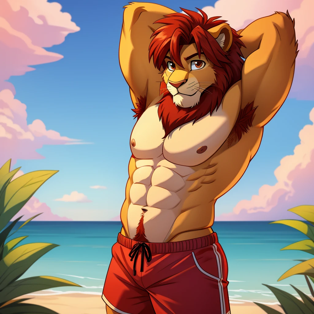 simba, a furry lion, furry, shirtless, muscular, male, masculine, red hair, yellowish fur, brown eyes, hands up behind head, red hairy armpits, cartoony, illustration, sharp focus, soft colours, medium length hair, two blogs haircut, younger guy, red swimming trunks, topless, big pecs, alone, single, pastel colours, smooth lining, lake