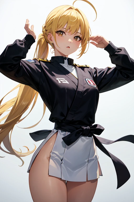 (de primera calidad, Obra maestra: 1.1), 1 chica karateca,culo, caderas anchas, mostrando el trasero, con el uniforme de karate, ponerse en cuclillas, cara pervertida, manos en las piernas, rubia