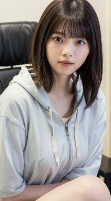 Random pose, Mix 4, (8k, Raw photo, highest quality, masterpiece: 1.45), (Realistic, Photorealistic: 1.37), One Girl, cute, Laughter、daytime office,In front of the computer、sitting in an office chair、 Professional Lighting,Photon Mapping, Radio City, Physically Based Rendering, Gradient black hair, Gray Hair, Wavy long hair, Floating hair、Messy Hair、High Ponytail、Handsome, With a girl, (Big ample breasts:1.3),(Hooded sportswear(pastel colour:1.4)), highest qualityの写真, High resolution, 1080p, (Clear Face), (Detailed face description), (Detailed hand description), (masterpiece), Lifelike, Extreme light and shadow, Disheveled Hair, masterpiece, Rich details, (Beautiful Faces), (highest qualityの写真), (masterpiece), (Finely grained), dual、Look in front of you, Thin clavicle,Emphasis on armpits、Show lower milk、Voluptuous thighs、?????? protrusion、Head to knee photo