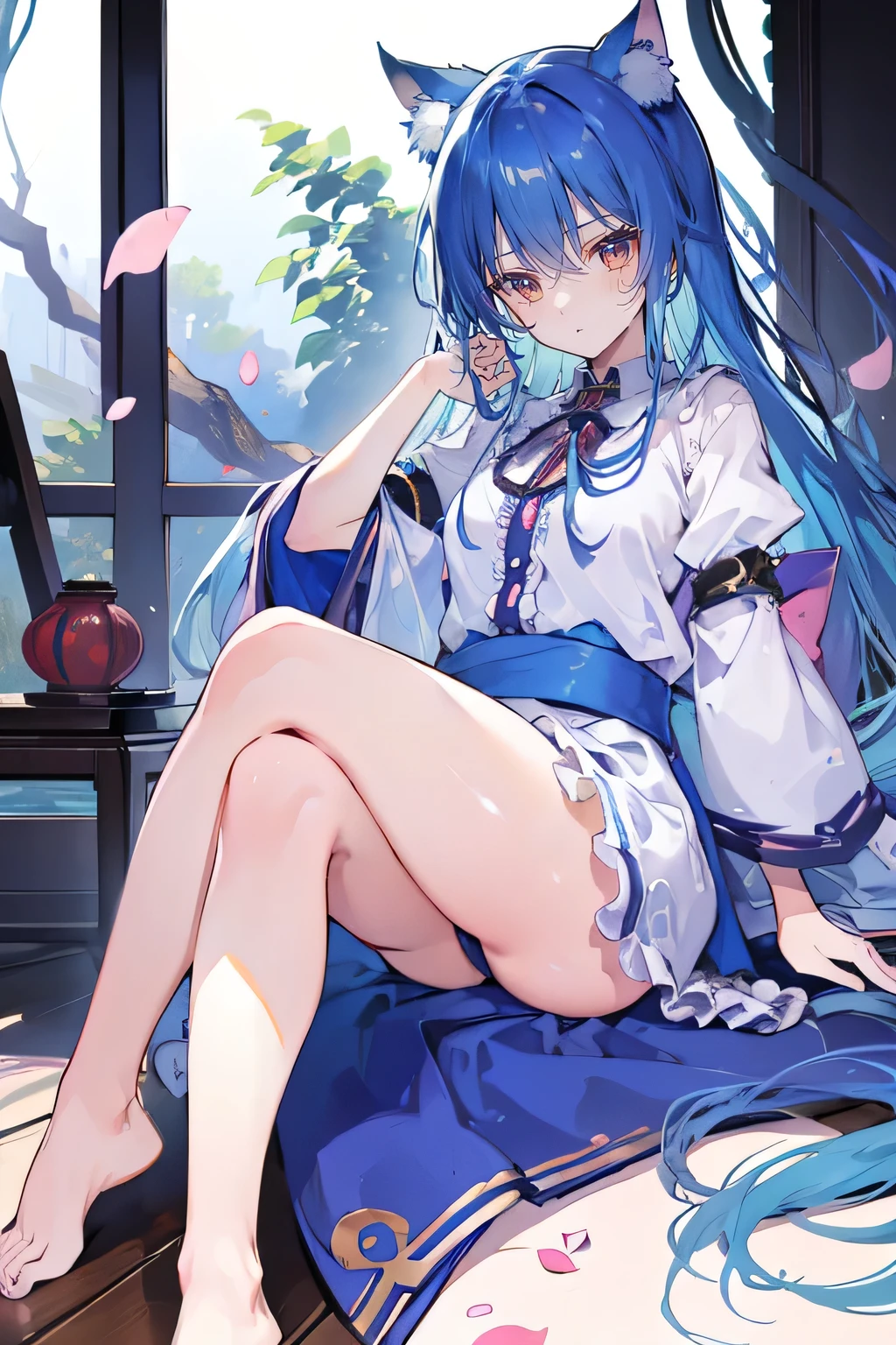 (masterpiece:1.2),ultra-detailed,realistic,expressive eyes,fair-skinned,perfectly shaped face,1girl,
Japanese cartoons,Gorgeous blue hair, flowing blue hair,floating clothes,cat ears,petals falling,beautiful Lola,Hina Angel,
hands on waist,gracefully sitting on the ground,legs crossed,gentle and serene background,cool and comfortable pavilion,night ,