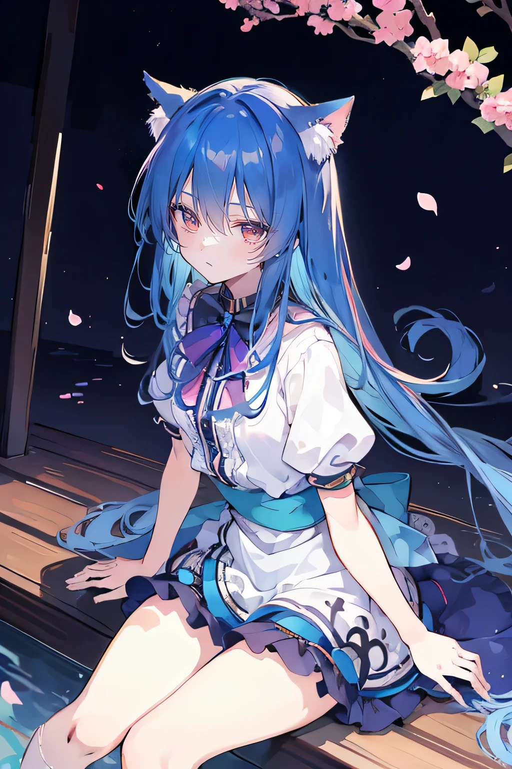 (masterpiece:1.2),ultra-detailed,realistic,expressive eyes,fair-skinned,perfectly shaped face,1girl,
Japanese cartoons,Gorgeous blue hair, flowing blue hair,floating clothes,cat ears,petals falling,beautiful Lola,Hina Angel,
hands on waist,gracefully sitting on the ground,legs crossed,gentle and serene background,cool and comfortable pavilion,night ,