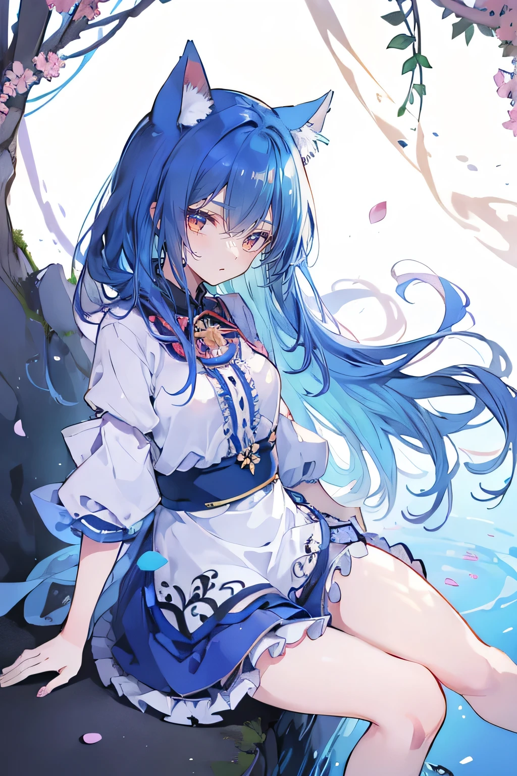(masterpiece:1.2),ultra-detailed,realistic,expressive eyes,fair-skinned,perfectly shaped face,1girl,
Japanese cartoons,Gorgeous blue hair, flowing blue hair,floating clothes,cat ears,petals falling,beautiful Lola,Hina Angel,
hands on waist,gracefully sitting on the ground,legs crossed,gentle and serene background,cool and comfortable pavilion,night ,
