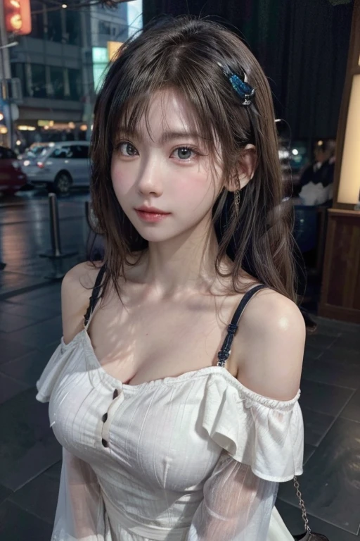 (Huge 、Black see-through off-shoulder Chinese dress、(The chest area is highly transparent)、Shoulder bag)、(highest quality,masterpiece:1.3,超A high resolution,),(Very detailed,Caustics),(Realistic:1.4,RAW shooting,)Ultra-Realistic Capture,Very detailed,High resolution 16K suitable for human skin、 Natural skin texture、、Skin tone is even and healthy looking、 Use natural light and color,One Woman,Japanese,,cute,Gray curly hair,Middle Hair,(Written boundary depth、chromatic aberration、、Wide range of lighting、Natural Shading、)、(Hair swaying in the wind:1.2)、Tokyo cityscape、Big earrings、Necklace around the neck