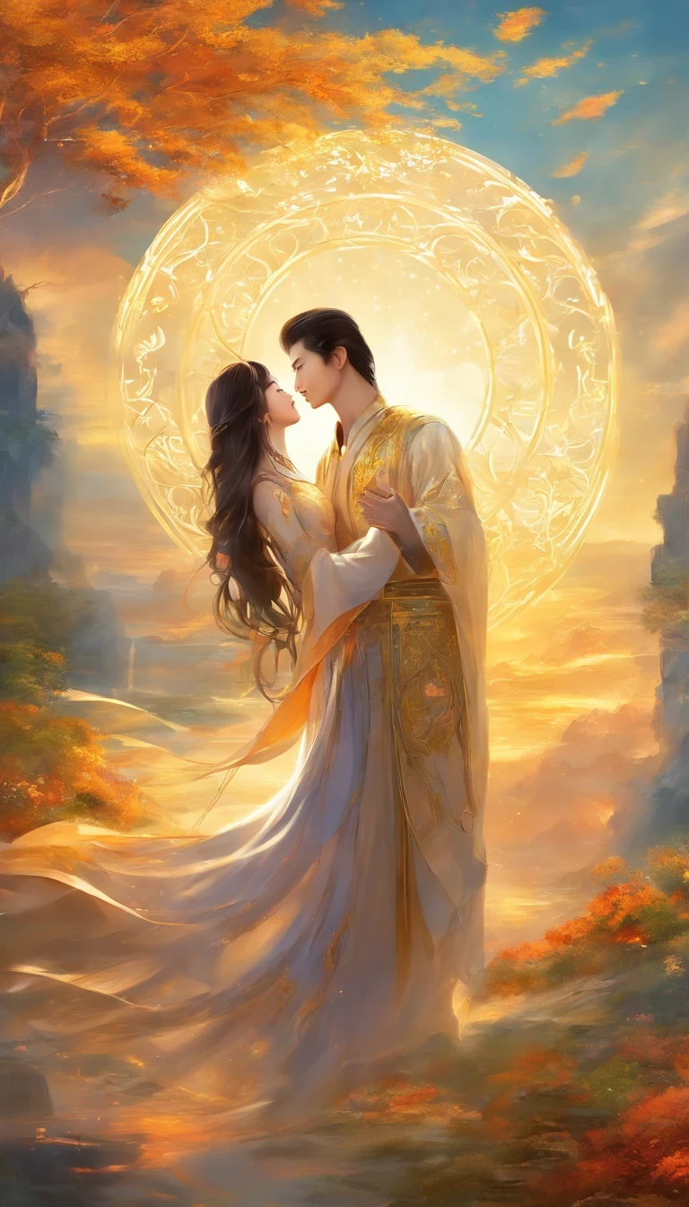 (masterpiece, highest quality, highest quality, Official Art, beautifully)Man and woman kissing、The man is tall and has short hair.、Woman has long black hair、Spectacular atmosphere、Detailed face、Handsome face、Beautiful profile、spiritual、China、God&#39;s Secret、Explosion of light、god、gold、universe、Complex background、Geometric pattern、Glowing effect, very beautiful, like、like、moving、gold、bless、恋like