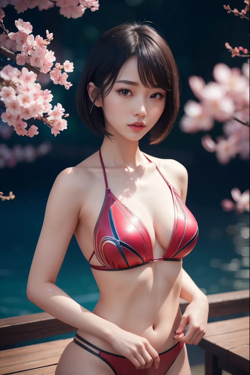 beautiful japanese young woman, wearing cyborg bikini, thick symmetrical features, very short hair, background is cherry blossoms in night, pink aura, red lips, octane render,