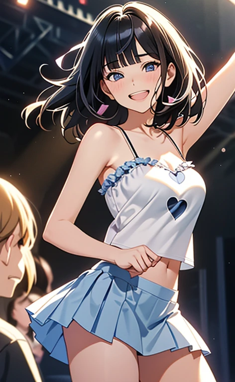 (masterpiece:1.4、top-quality、illustration:1.4,realistic、)、(character focus、breast focus,cowboy shot:1.3)、(1girl),(Open mouth grin:1.3),(half closed eyes),cute face,blue eyes、()、
,(stand:1.4),(Shining smile),
,(slender),(underboob and white camisole,very short pleated miniskirt:1.3),
(black middle hair:1.6,blunt bangs,),(hair ribbon1.3), (medium breasts:1.3)、stage
、slender、