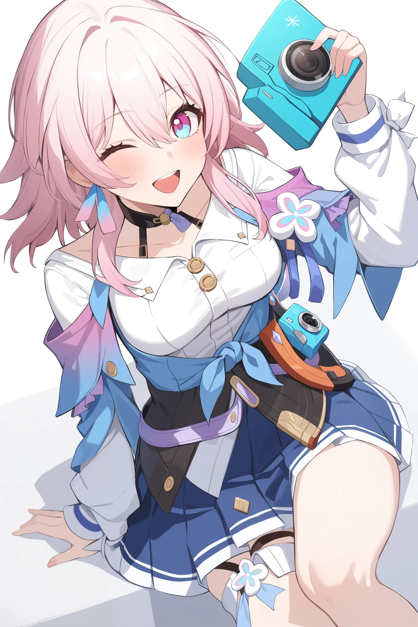 masterpiece,best quality,1girl, solo, upper body, holding camera, sitting, blush, smile, medium hair, pink hair, sidelocks, medium breasts, v, ;d, absurdres, black choker, black corset, blue jacket, blue skirt, collared shirt, flower ornament, gradient eyes, hair between eyes, highres, honkai: star rail, honkai \(series\), long bangs, long sleeves, looking at viewer, march 7th \(honkai: star rail\), one eye closed, open mouth, pleated skirt, simple background, single earring, thigh strap, tied jacket, two-tone eyes, upper teeth only, white background, white shirt, white sleeves,