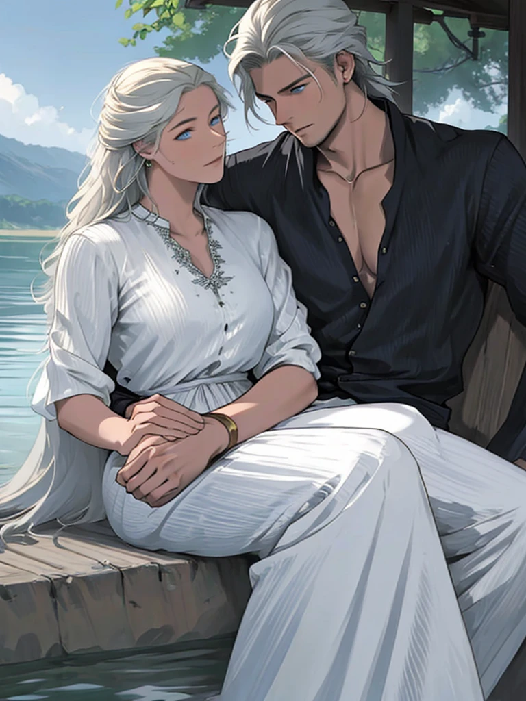 couple 1 man 1 woman. A tall, handsome, statuesque, courageous young man with long platinum hair, blue eyes, tanned skin is sitting on the shore of a lake, he is dressed in an antique white shirt and dark trousers, next to him sits an incredibly beautiful young golden-haired femme fatale with blue eyes, long golden hair, long bangs, dressed in an antique dress. They're in love. Masterpiece, perfect image, realistic pictures, detailed face study, full-length image, 8k, detailed image. extremely detailed illustration, a real masterpiece of the highest quality, with careful drawing.