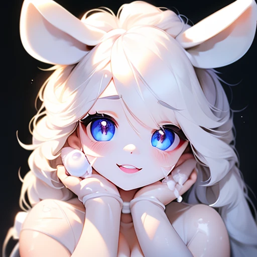 focus face , Estrus bunny girl , round face , moist round eyes , Double teeth , sexual smile , glossy lips ,  (white-lotion on face:1.5)