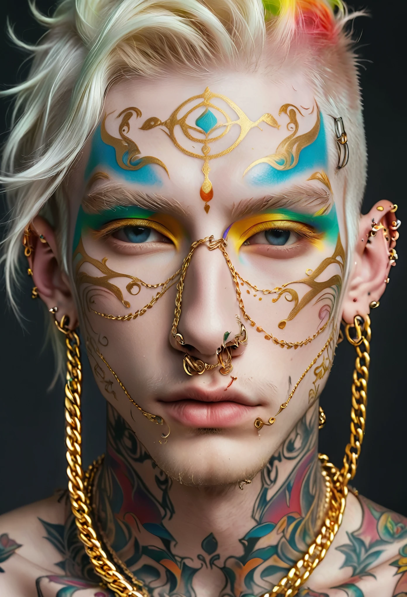 (masterpiece, best quality:1.2),A photo of a white man，Elf ears，He wears a gold chain，Face painting，Color tattoo，Face tattoos拼图，Face tattoos，Chain border，Chains on face passing through skin，Piercings on the face. He has colorful patterns on his skin，Like porcelain skin. strange beauty.Solitary