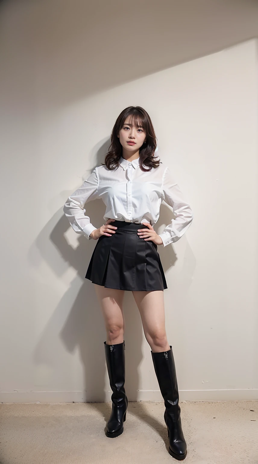 (8k、RAW Photos、highest quality、masterpiece:1.2)、(Realistic、Photorealistic)、1 girl、((White shirt、Black mini skirt、Big Breasts、I can see your chest、View from the front、See-through、boots、Stand with hands on hips、In the city))、