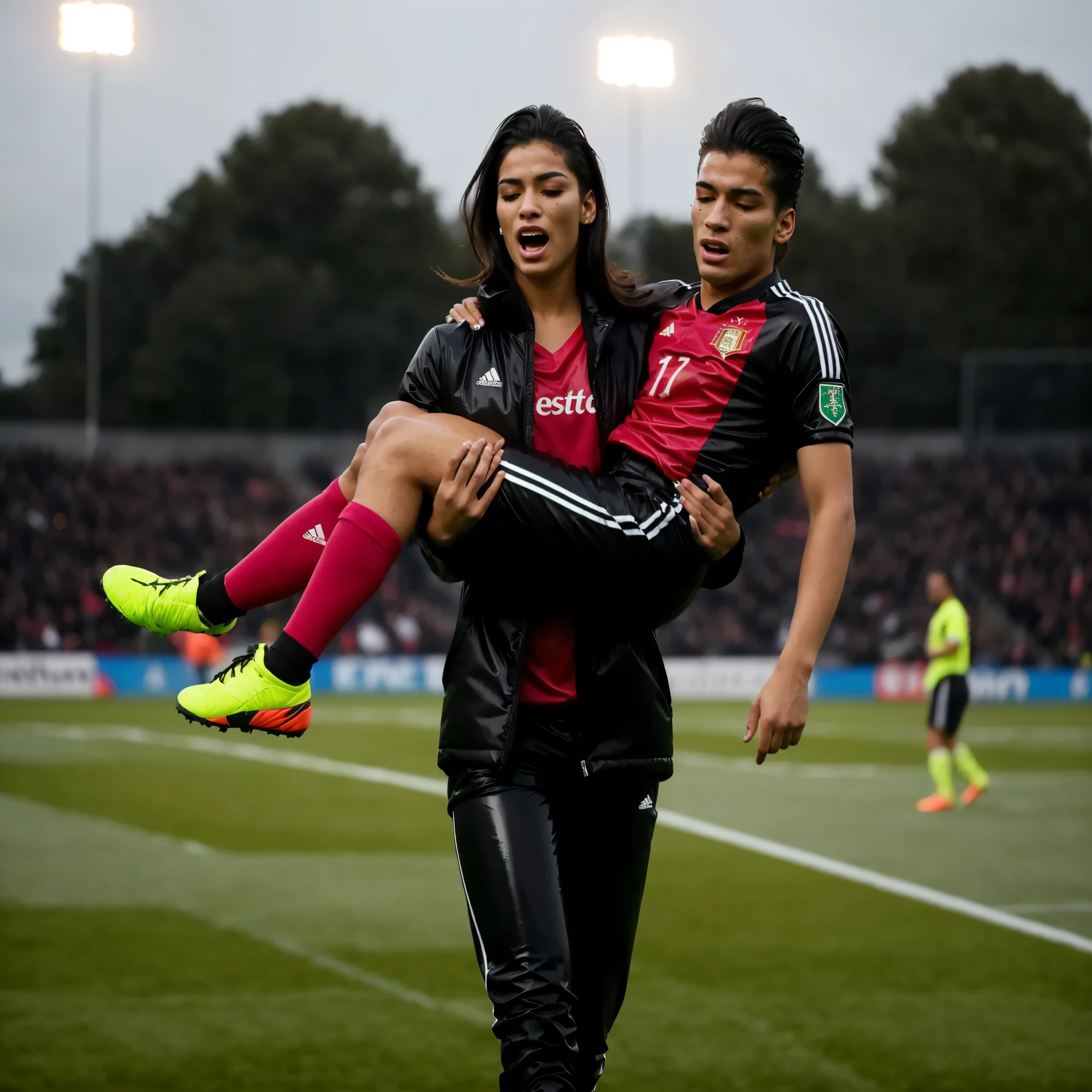 a portuguese girl in a laquered and very shiny quilted coat carries a man soccer player, a woman carries a man, a portuguese woman carries a male soccer player in her arms, rainy weather, rainfall, humid, girl carries guy, lift and carry, an excessively madeup latino-girl in a high-shine wet black latex downcoat, a soccer scene, very matte cotton soccer sportswear on a well shaped male body, a soccer injury, first aid carry at a soccer match, a young madeup latino-girl in a shiny black vinyl downjacket, a madeup latino-girl in a shiny plastic-downcoat, a very sad and desperately crying latino-girl, an intensely madeup latino-girl in a glossy black vinyl-downcoat, latino-girl with lipstick, latino-girl with smoky eyes, dramatic action pose, woman that is carrying a skinny shorthaired man, there is a beautiful woman in a shiny coat who is carrying a shorthaired blond man in her arms, a longhaired beautiful woman in a high-shine black puffy coat, a longhaired woman in a shiny downcoat, a woman is carrying a shorthaired man who is wearing black shorts, a weak shorthaired man in black shorts is consciousless and needs to be carried, a shorthaired man with closed eyes is carried in the arms of a longhaired latino-woman, a latino-woman looks very scared and terrified, a consciousless shorthaired man with closed eyes is suffering very much and has a very painful face, photo, photo shoot, photographed, arafed man being carried by a woman, very realistic, very very realistic, hyper-realistic, hyper - realistic, hyper realistic, jacket over bare torso, very disturbing, very hyperrealistic, super realistic, hyperrealistic!, extremely realistic, very very very realistic, super-realistic realistic, super-realistictic!, extremely realistic, very very very realistic, super-realistic realistic, super-realistic