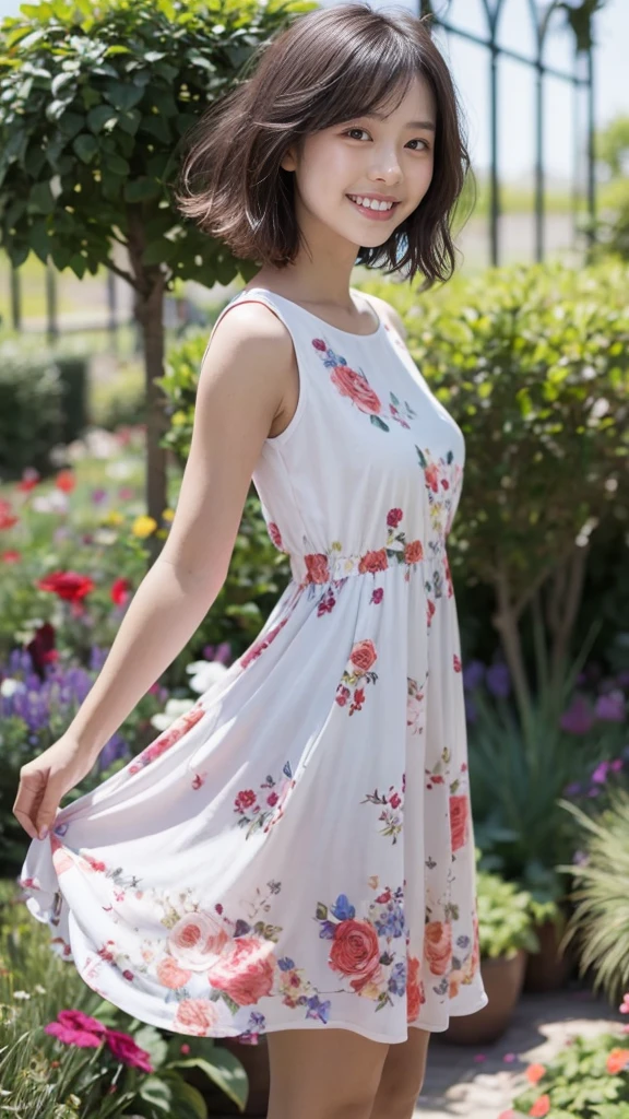 masterpiece, highest quality, disorganized, perfect anatomy, 1 girl, alone, pascal tales, short hair, beautiful, Hilarious, sunny day, botanical garden, Summer winds, sundress, Floral, wavy hair, smile