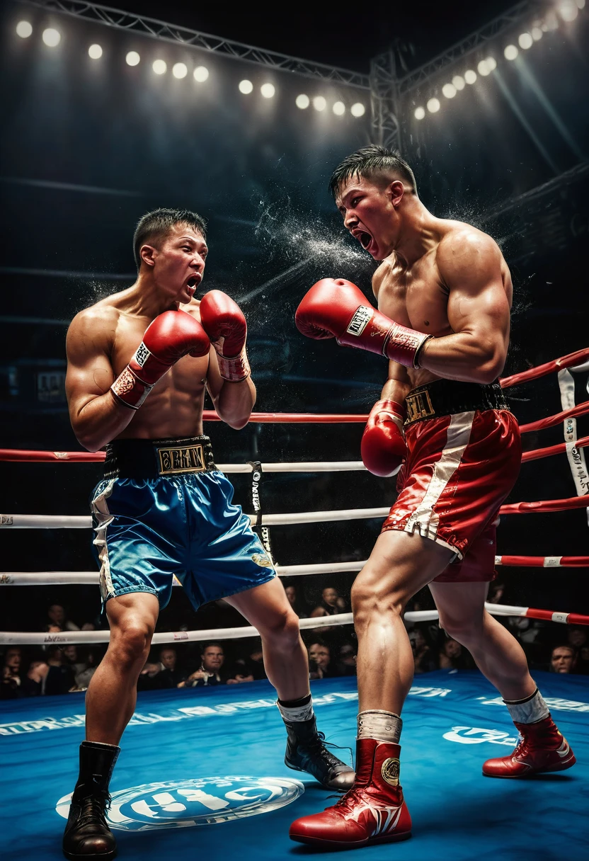 Boxing Match, aesthetic, A fierce boxing match, (best quality,4k,8k,highres,masterpiece:1.2),ultra-detailed,(realistic,photorealistic,photo-realistic:1.37) [intense], [sweat], [dust], [powerful punches], [dynamic movements], [focused expressions], [adrenaline rush], [boxing gloves], [boxing ring], [bright spotlight], [roaring crowd], [muscle definition], [boxing shorts], [grit and determination], [fast footwork], [knockout punch], [tense atmosphere], [boxing referee], [worn-out boxing gloves], [blood, sweat, and tears], [winning moment celebration], [boxing championship belt], [impactful blows], [gripping competition], [ring announcer], [cornermen], [boxing trainer], [bell rings], [boxing strategy], [boxing stance], [boxing uppercut], [boxing jab], [boxing hook], [boxing defense], [boxing offense]