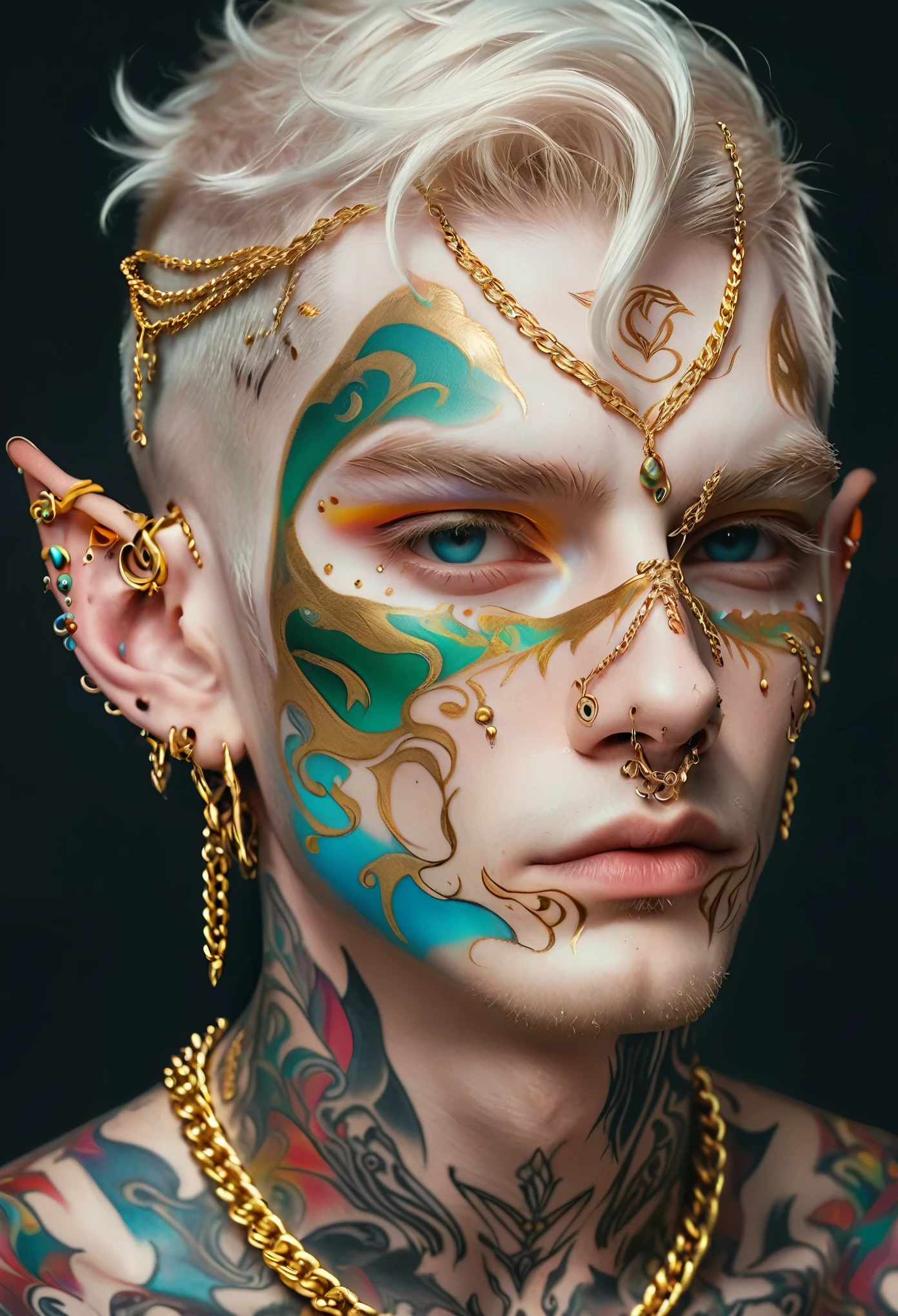 (masterpiece, best quality:1.2),A photo of a white man，Elf ears，He wears a gold chain，Face painting，Color tattoo，Face tattoo puzzle，Chains on face passing through skin，Piercings on the face. He has colorful patterns on his skin，Like porcelain skin. strange beauty.Solitary