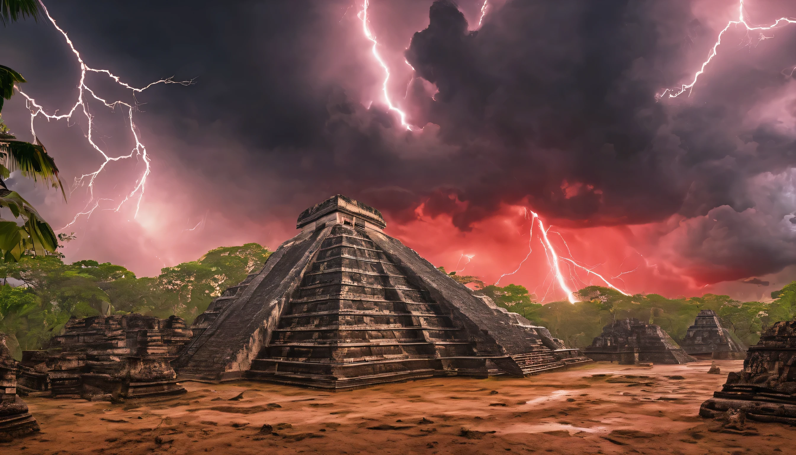 Maya civilization, ritual dance, magic, mystical, ritualistic, severed head, human sacrifice, storm, lightning, rain, demon, apocalypse, maya people, chaos, red sky, cinematic lighting, Ultra-Wide Angle, panorama, UHD, retina, masterpiece, super detail, award winning, best quality, 4K