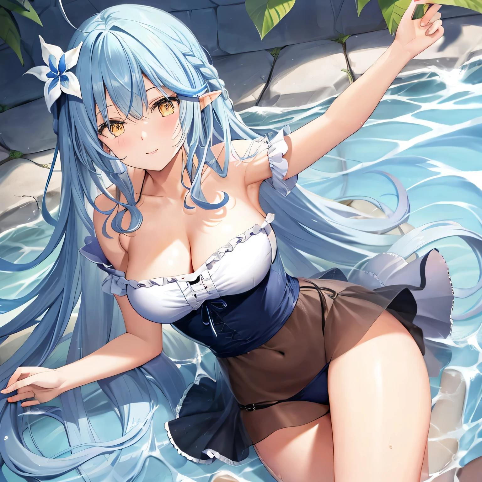Illustration, masterpiece, Best Quality, Anime, Highly detailed face, Highly detailed eyes, Highly detailed background, Perfect Lighting, 1girl in, Solo, medium breasts, cleavage, Light blue hair, hair between eye, Yellow eyes, pointy ear, Long hair, heart ahoge, Hair Flower, Gradient Hair, Gradient Eyes, Strapless, cleavage, medium breasts, smile, pool ,light blue bikini