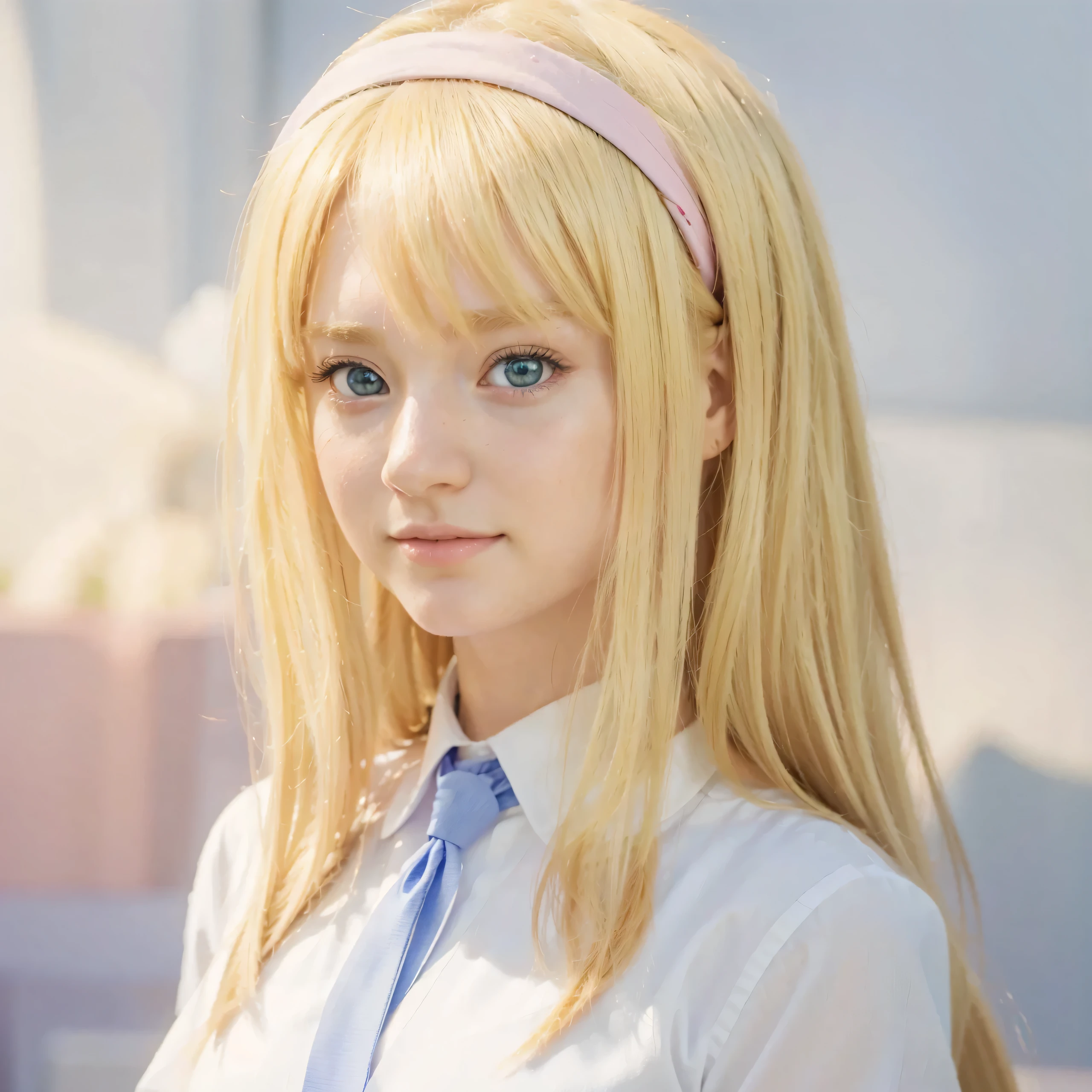 (best quality,4k,8k,highres,masterpiece:1.2),ultra-detailed,(realistic,photorealistic,photo-realistic:1.37),HDR,UHD,extreme detail description,professional,vivid colors,portraits,blond haired girl,blue eyes,pink headband,anime girl,long hair,real life,anime realism style, realistic young anime girl, anime artstyle,photorealistic anime