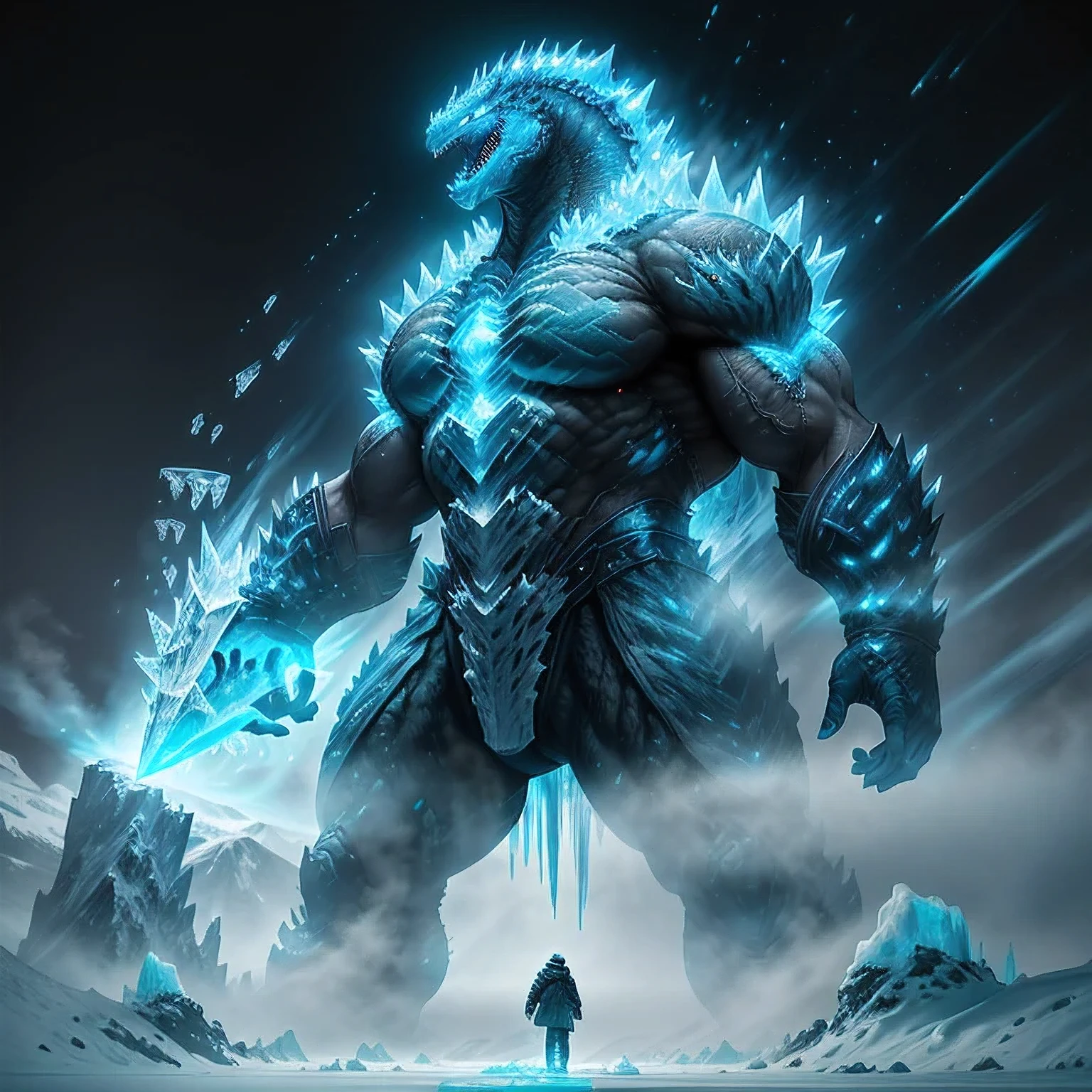 Majestic 4K image: A colossal Godzilla, ice power unleashed, towering over a frozen landscape. His massive frame is shrouded in frost, his scales glistening with icy crystals. The ice power radiating from his body illuminates the frigid air, casting an ethereal blue glow. He stands proudly, his massive icy breath condensing into a thick mist before him. His eyes, filled with a fierce determination, burn with an icy blue flame. Below him, the landscape is painted in a monochromatic palette of frost and ice, punctuated by the occasional splash of vibrant blue from Godzilla's 